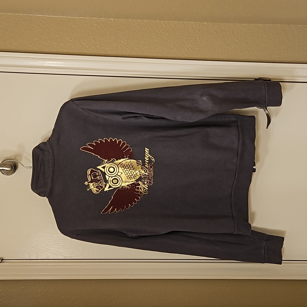 Ladies Chi Omega Front Zip Grey Fleece Jacket with Gold and Red Owl Design Med